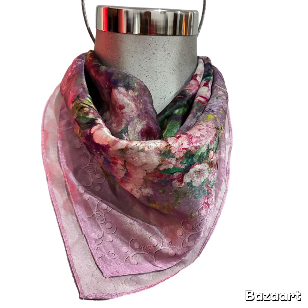 100% Silk Floral Pink Lightweight Scarf Foulard Handkerchief Dainty 20x20”Fairy